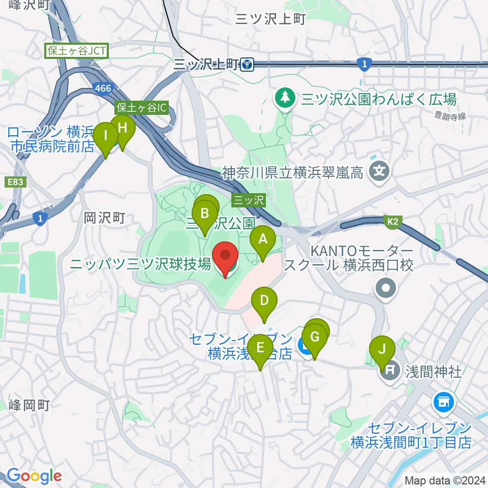 ニッパツ三ツ沢球技場周辺のファミレス・ファーストフード一覧地図