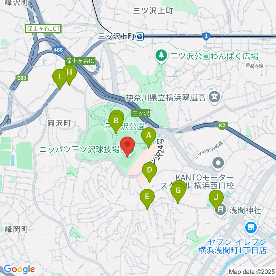 ニッパツ三ツ沢球技場周辺のファミレス・ファーストフード一覧地図