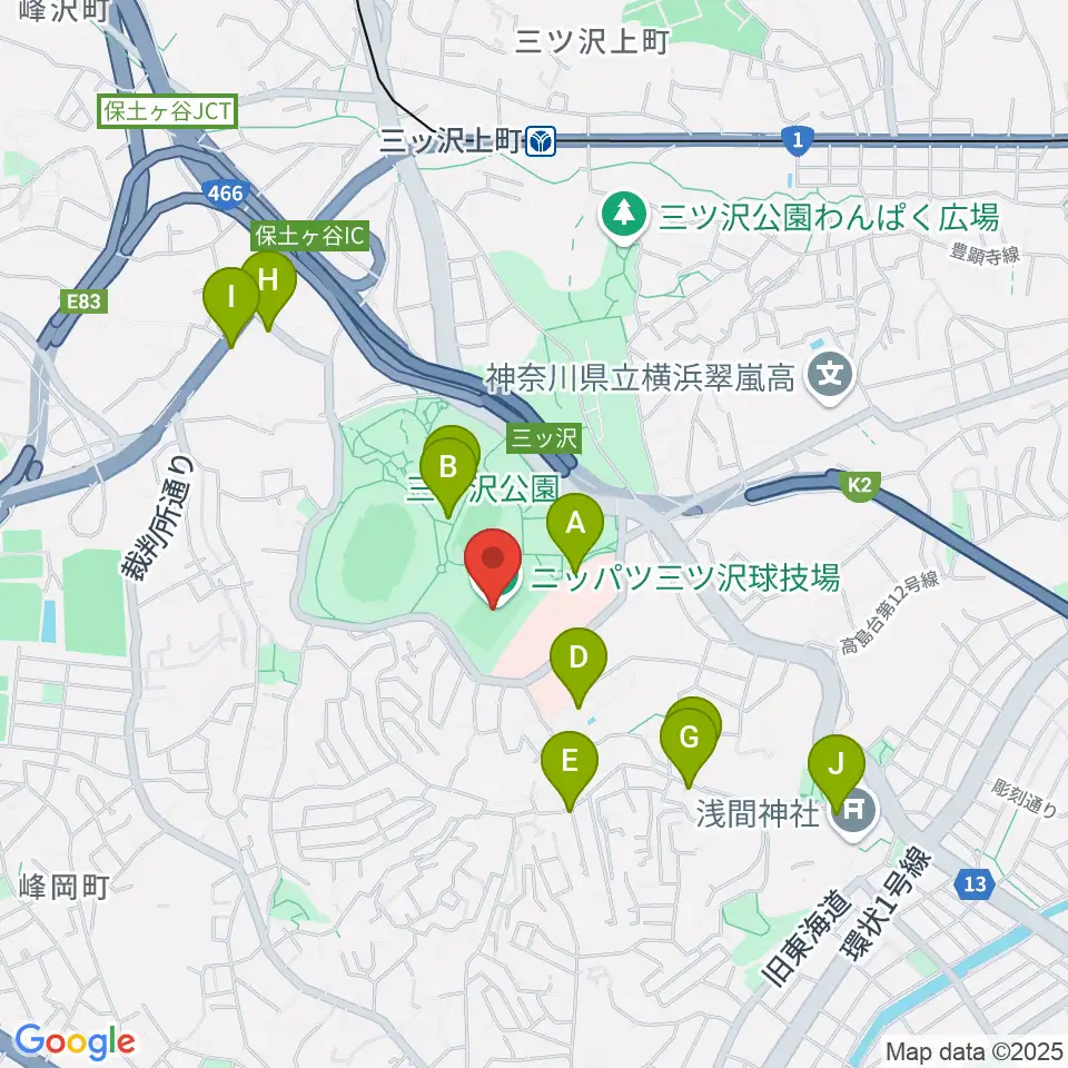 ニッパツ三ツ沢球技場周辺のファミレス・ファーストフード一覧地図