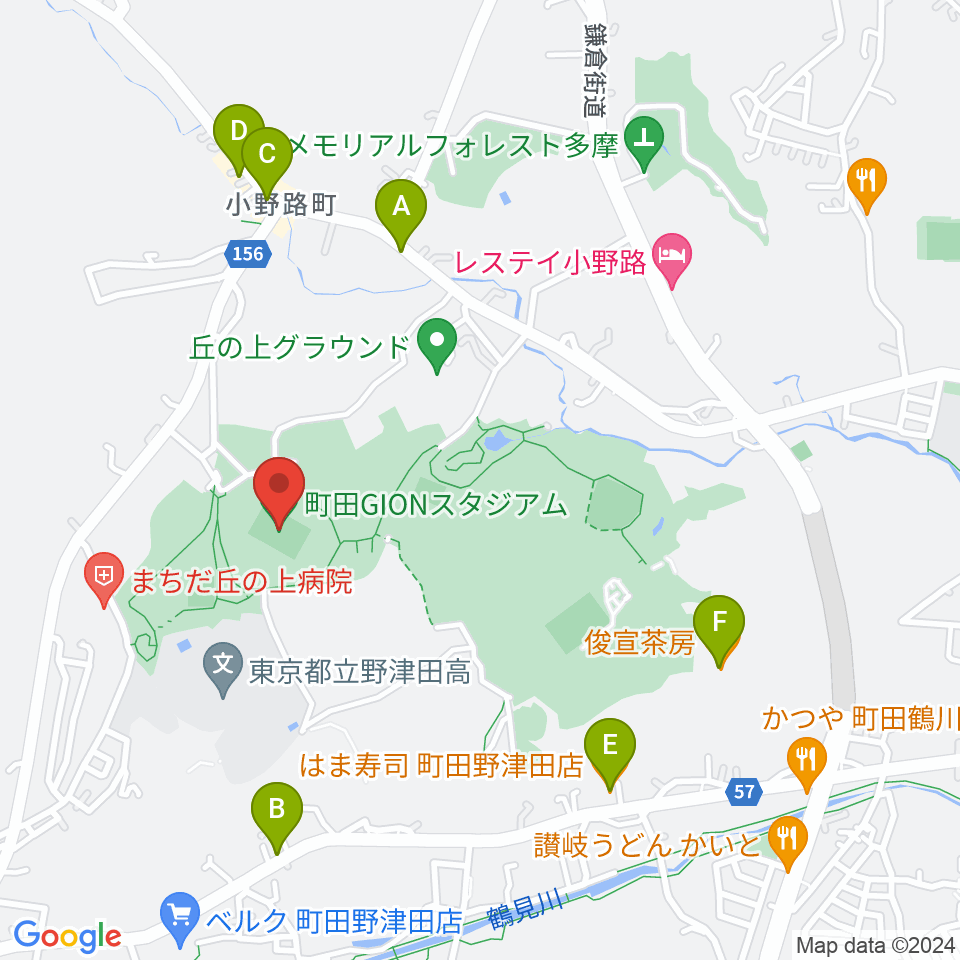 町田GIONスタジアム周辺のファミレス・ファーストフード一覧地図