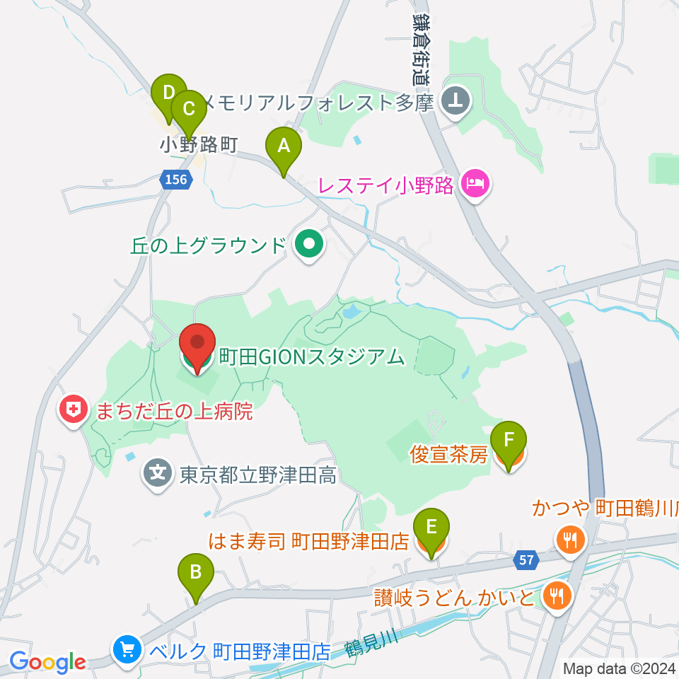 町田GIONスタジアム周辺のファミレス・ファーストフード一覧地図