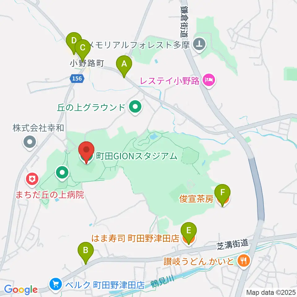 町田GIONスタジアム周辺のファミレス・ファーストフード一覧地図