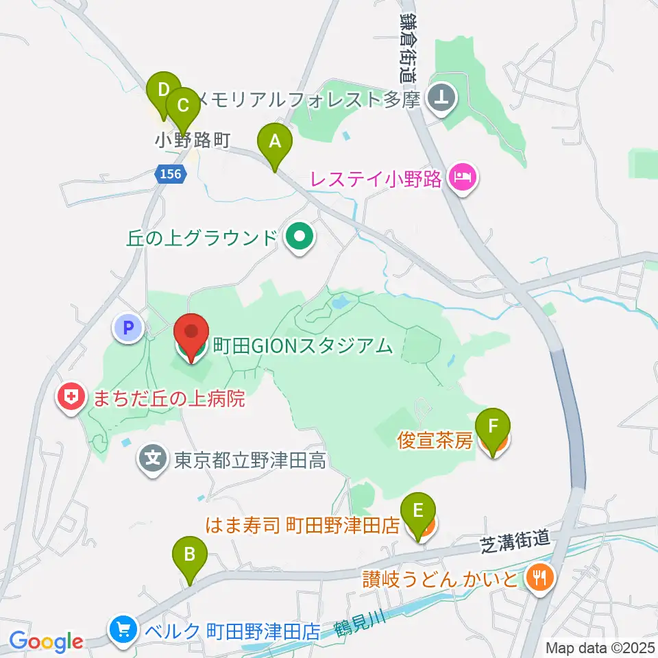 町田GIONスタジアム周辺のファミレス・ファーストフード一覧地図