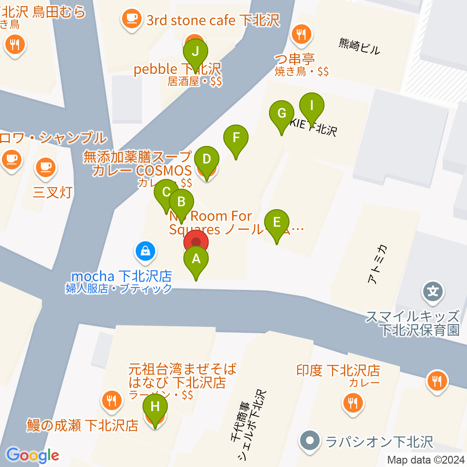 下北沢ラプソディー周辺のファミレス・ファーストフード一覧地図