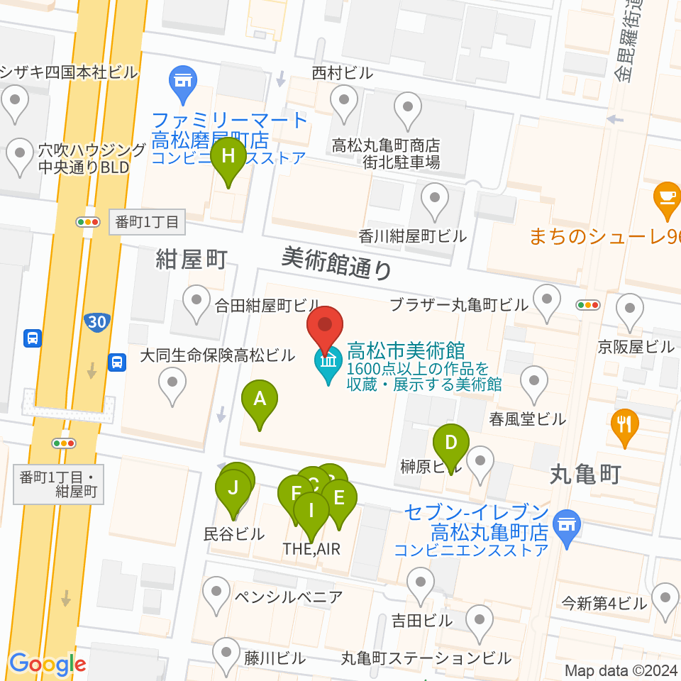 高松市美術館周辺のファミレス・ファーストフード一覧地図