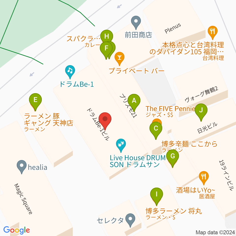 福岡DRUM Be-1周辺のファミレス・ファーストフード一覧地図