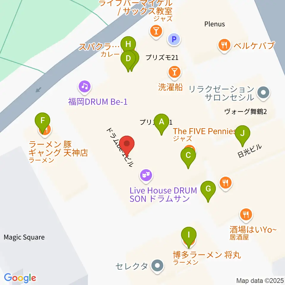 福岡DRUM Be-1周辺のファミレス・ファーストフード一覧地図