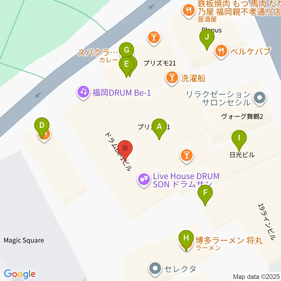 福岡DRUM Be-1周辺のファミレス・ファーストフード一覧地図