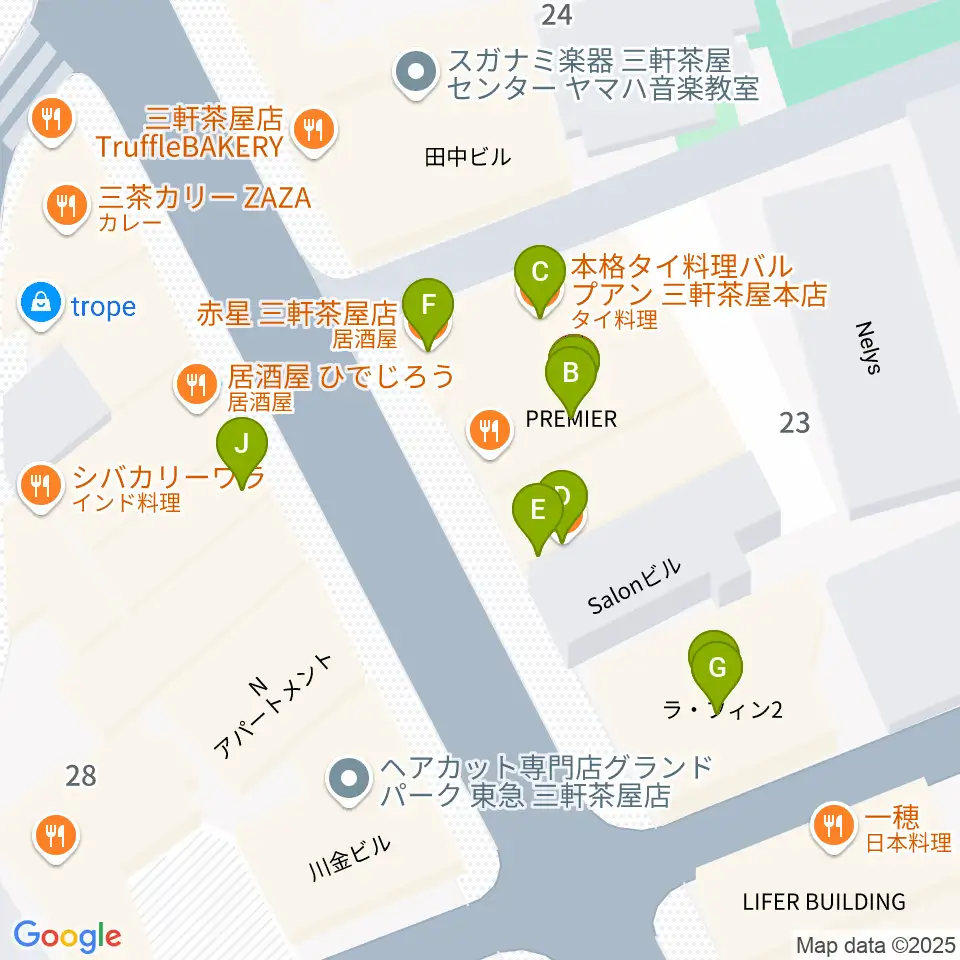 三軒茶屋come together周辺のファミレス・ファーストフード一覧地図