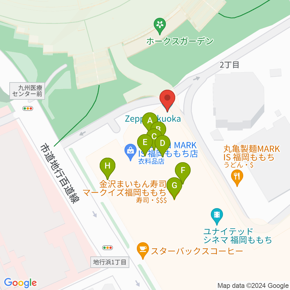 Zepp福岡周辺のファミレス・ファーストフード一覧地図