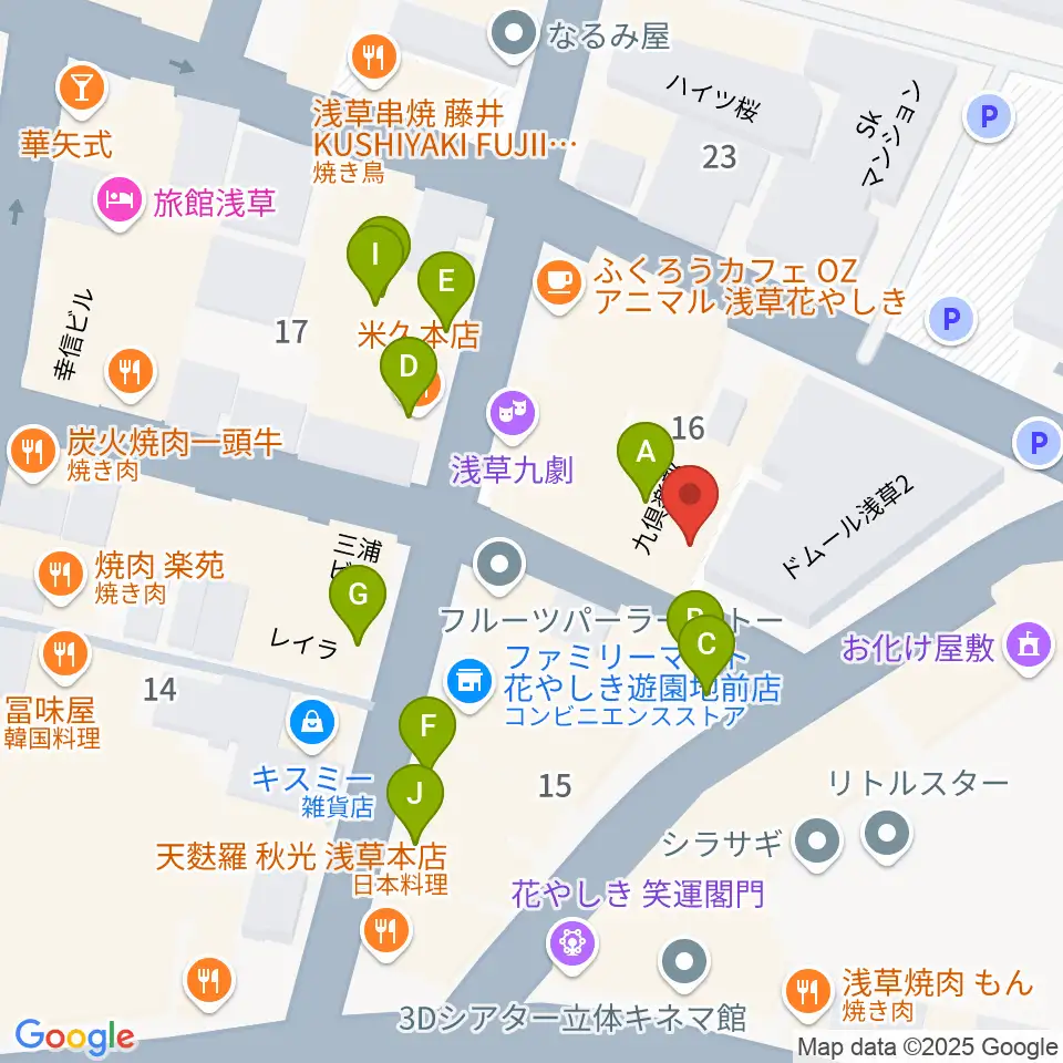 浅草九劇（アサクサキュウゲキ）周辺のファミレス・ファーストフード一覧地図