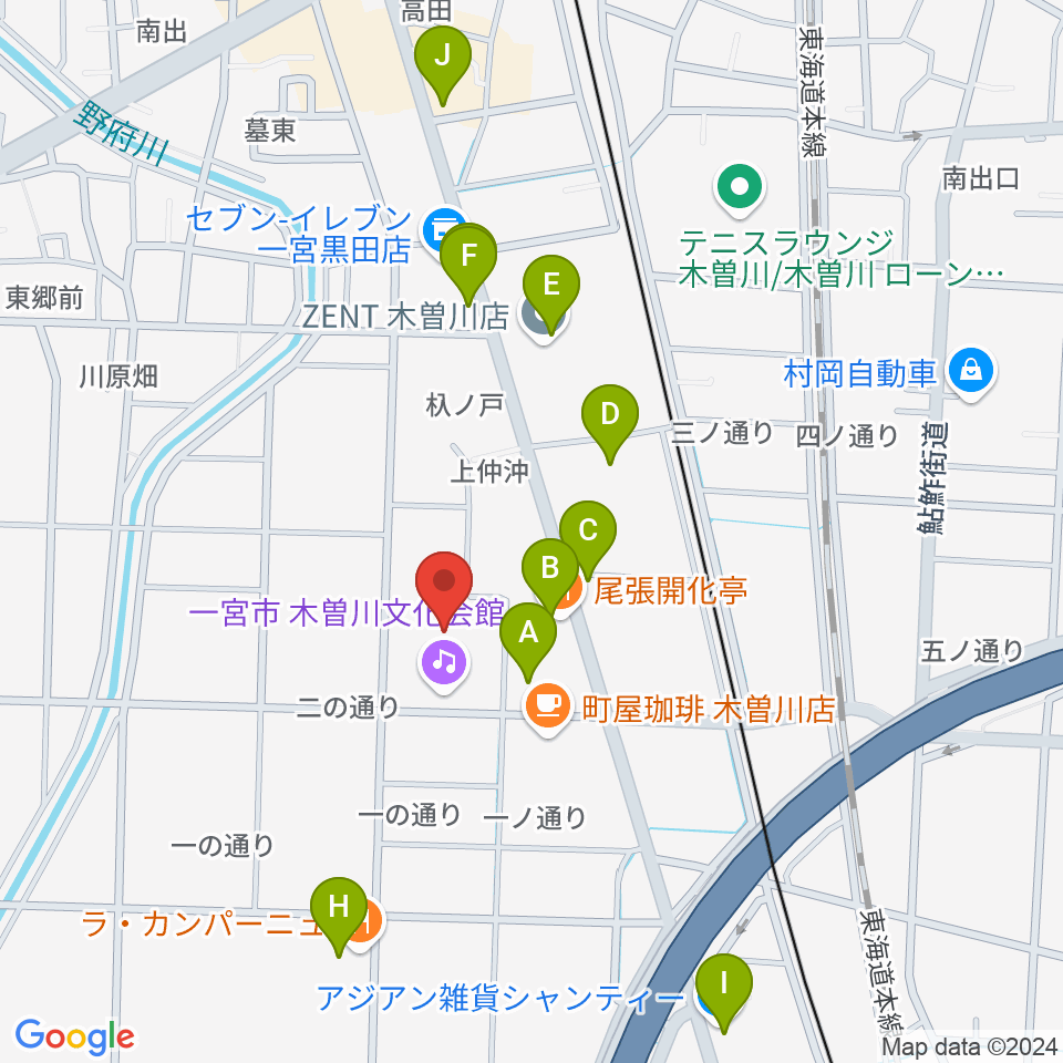 一宮市木曽川文化会館 尾西信金ホール周辺のファミレス・ファーストフード一覧地図