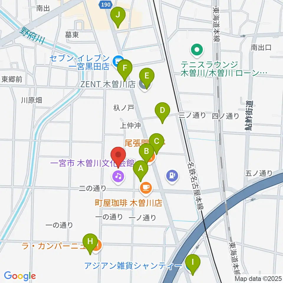 一宮市木曽川文化会館 尾西信金ホール周辺のファミレス・ファーストフード一覧地図