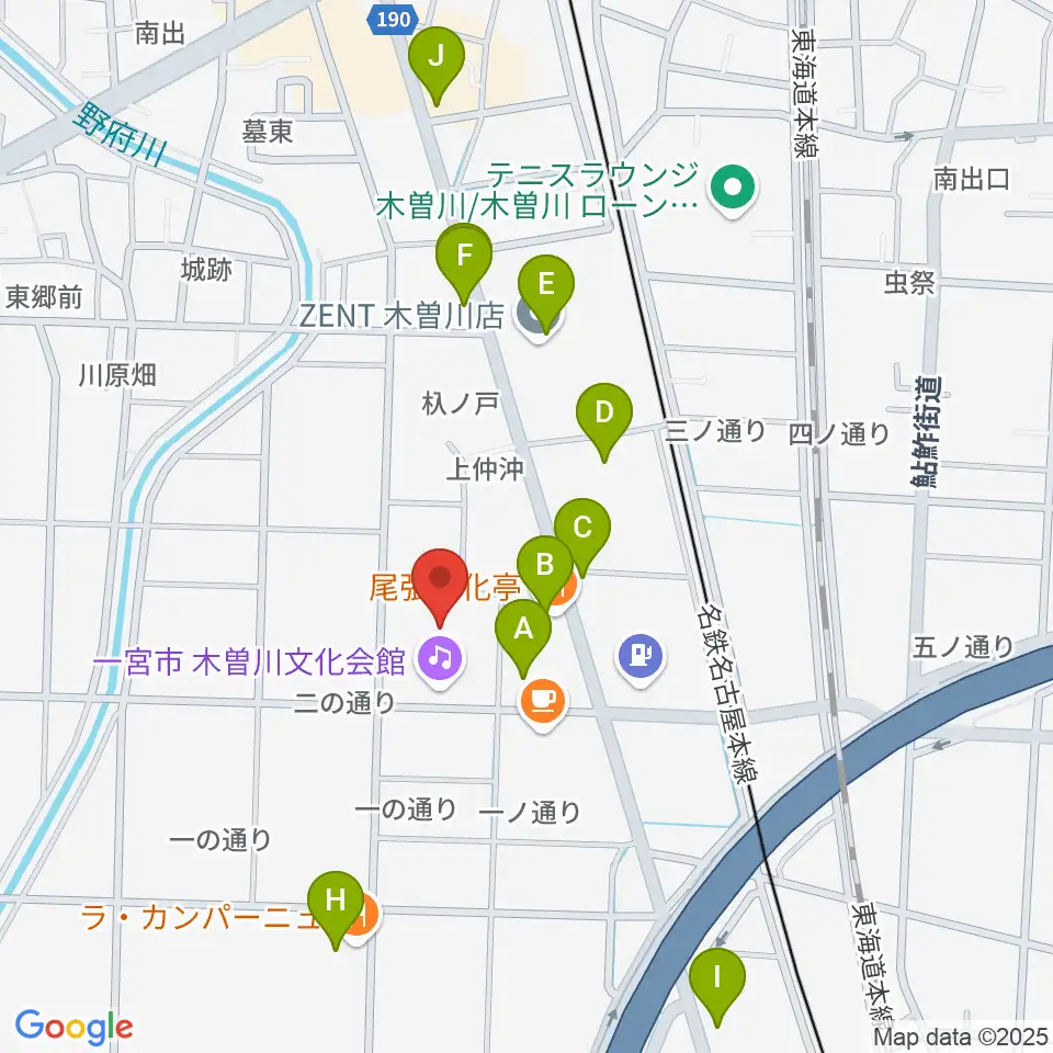一宮市木曽川文化会館 尾西信金ホール周辺のファミレス・ファーストフード一覧地図