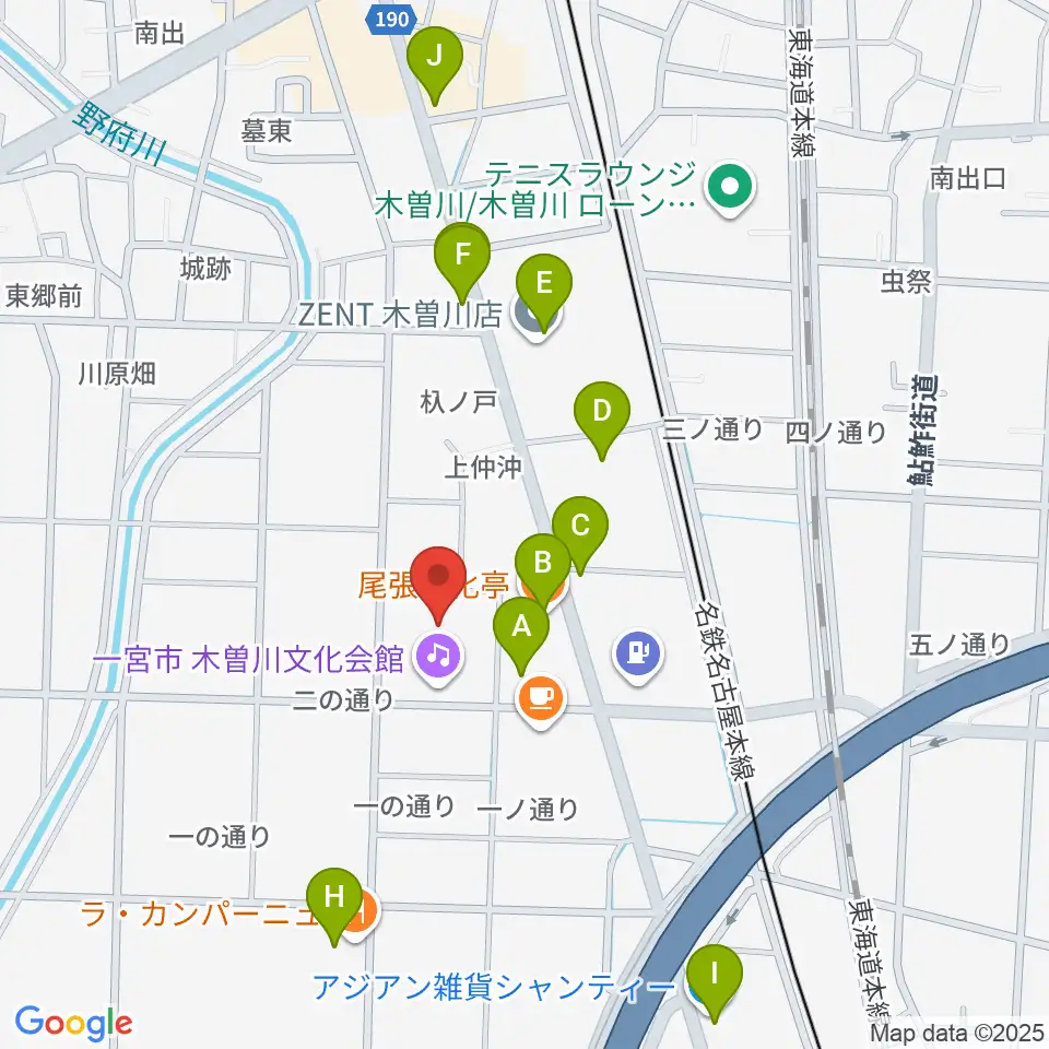 一宮市木曽川文化会館 尾西信金ホール周辺のファミレス・ファーストフード一覧地図