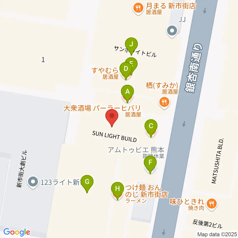 熊本ジャンゴ周辺のファミレス・ファーストフード一覧地図