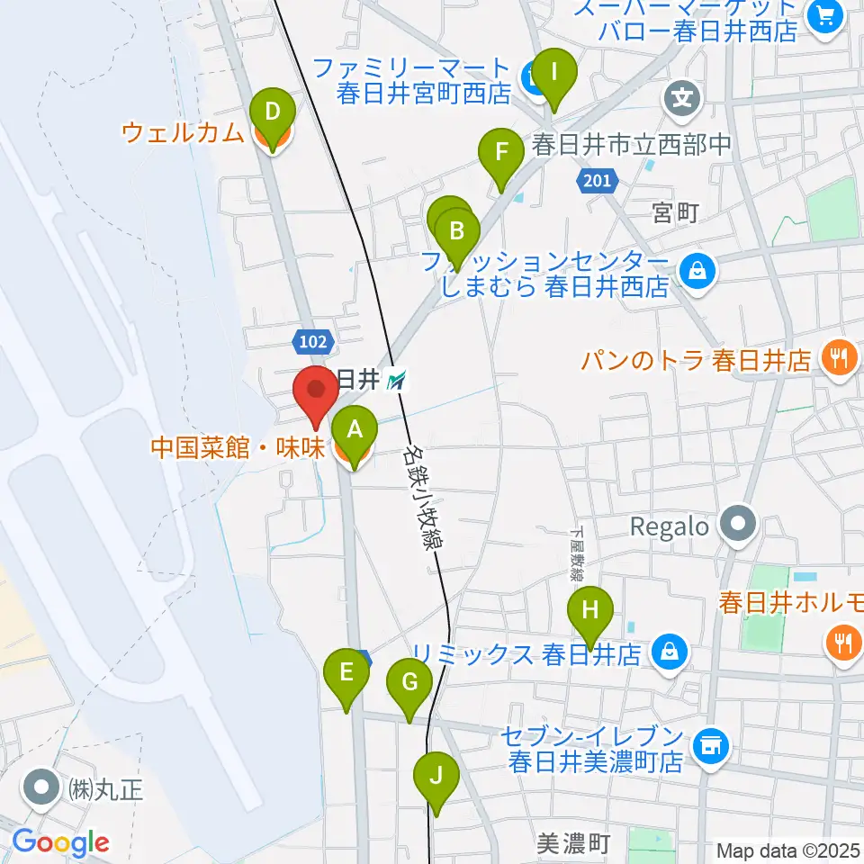 音楽教室ココハ春日井校周辺のファミレス・ファーストフード一覧地図