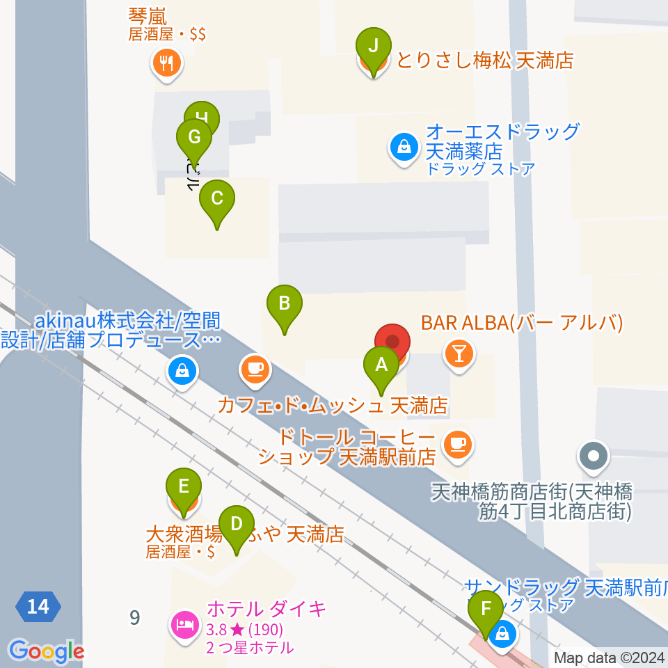 天満フラットフラミンゴ周辺のファミレス・ファーストフード一覧地図