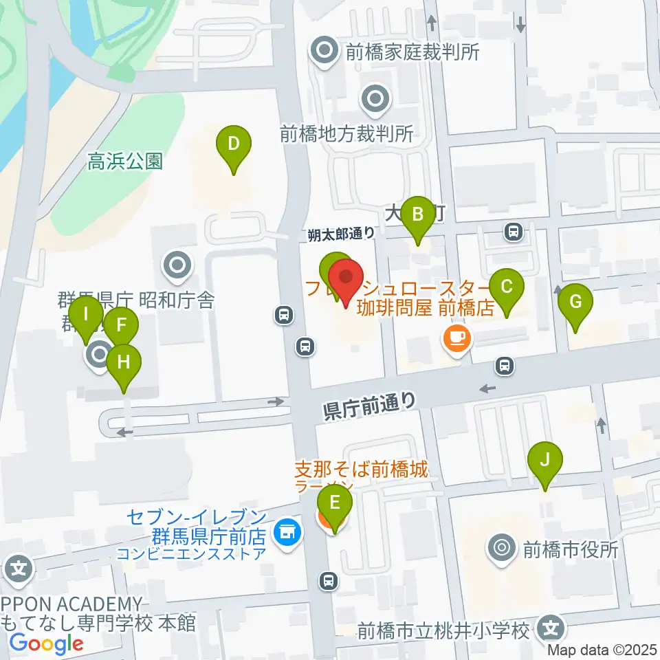 群馬会館周辺のファミレス・ファーストフード一覧地図