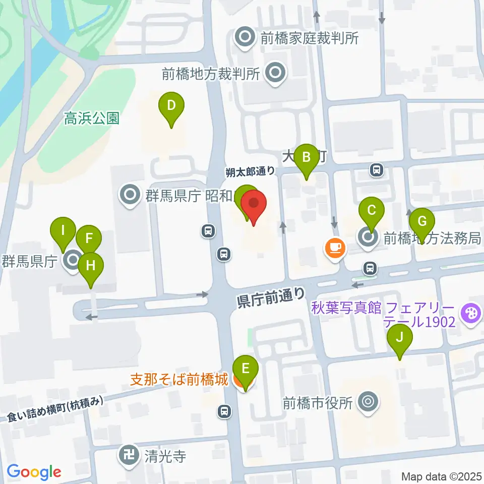 群馬会館周辺のファミレス・ファーストフード一覧地図