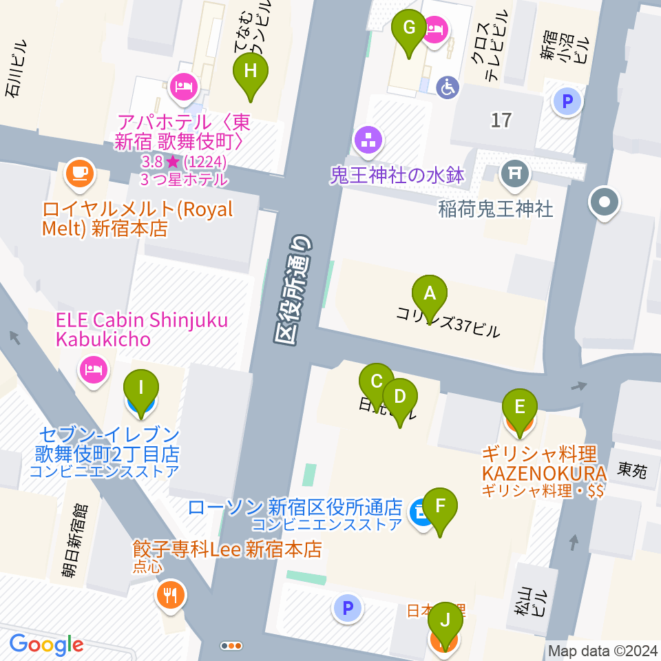 新宿MUSIC BAR CIRCLE周辺のファミレス・ファーストフード一覧地図