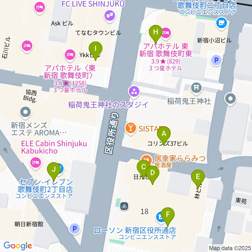 新宿MUSIC BAR CIRCLE周辺のファミレス・ファーストフード一覧地図