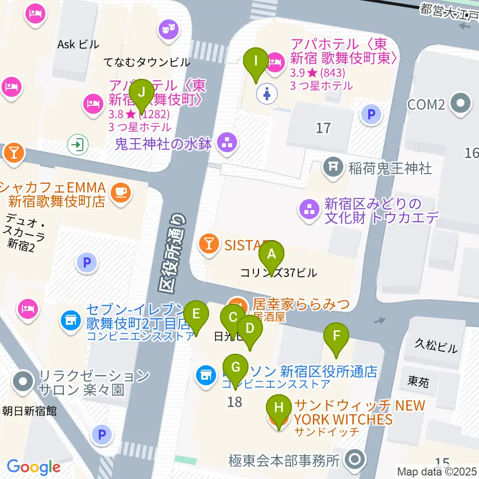 新宿MUSIC BAR CIRCLE周辺のファミレス・ファーストフード一覧地図