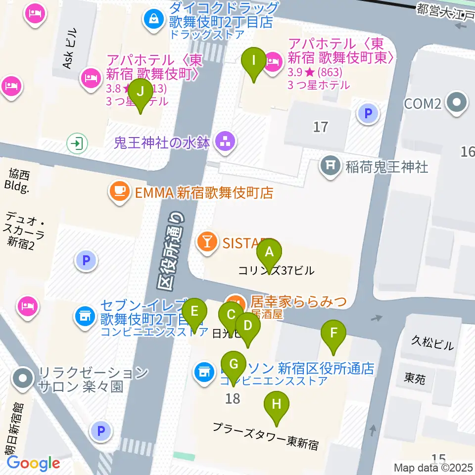 新宿MUSIC BAR CIRCLE周辺のファミレス・ファーストフード一覧地図