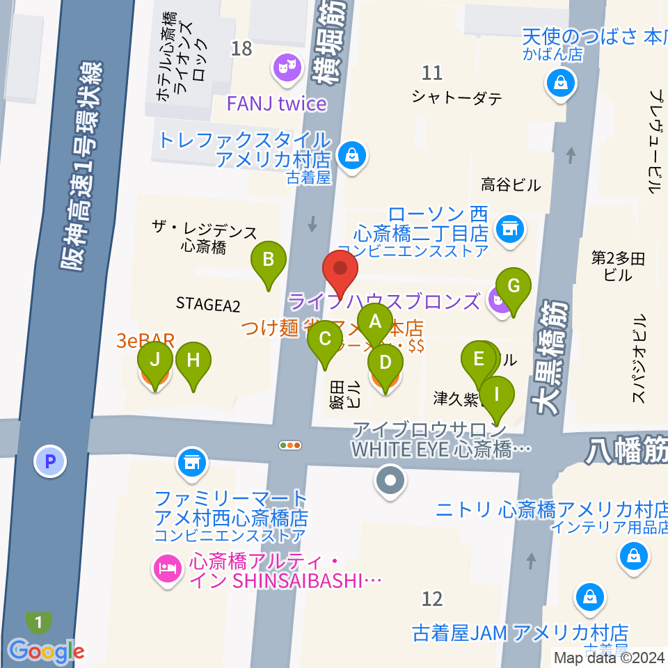 大阪CLUB JOULE周辺のファミレス・ファーストフード一覧地図