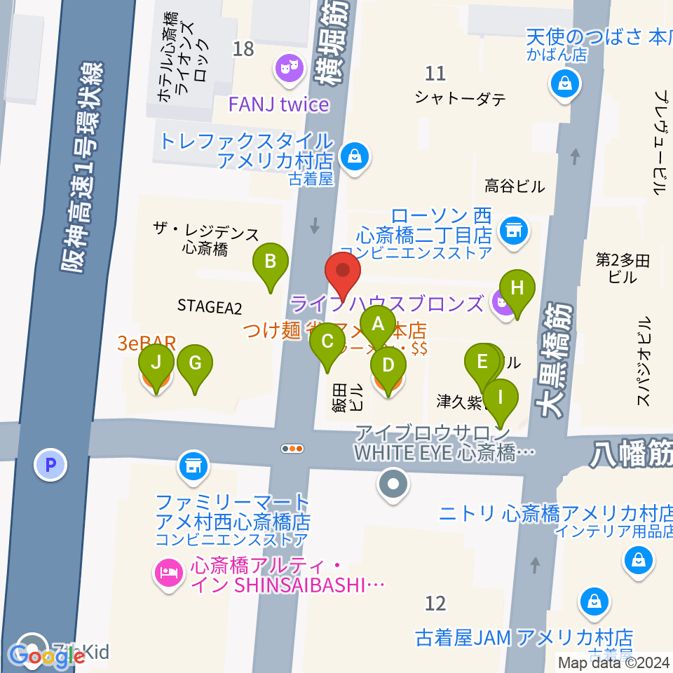 大阪CLUB JOULE周辺のファミレス・ファーストフード一覧地図