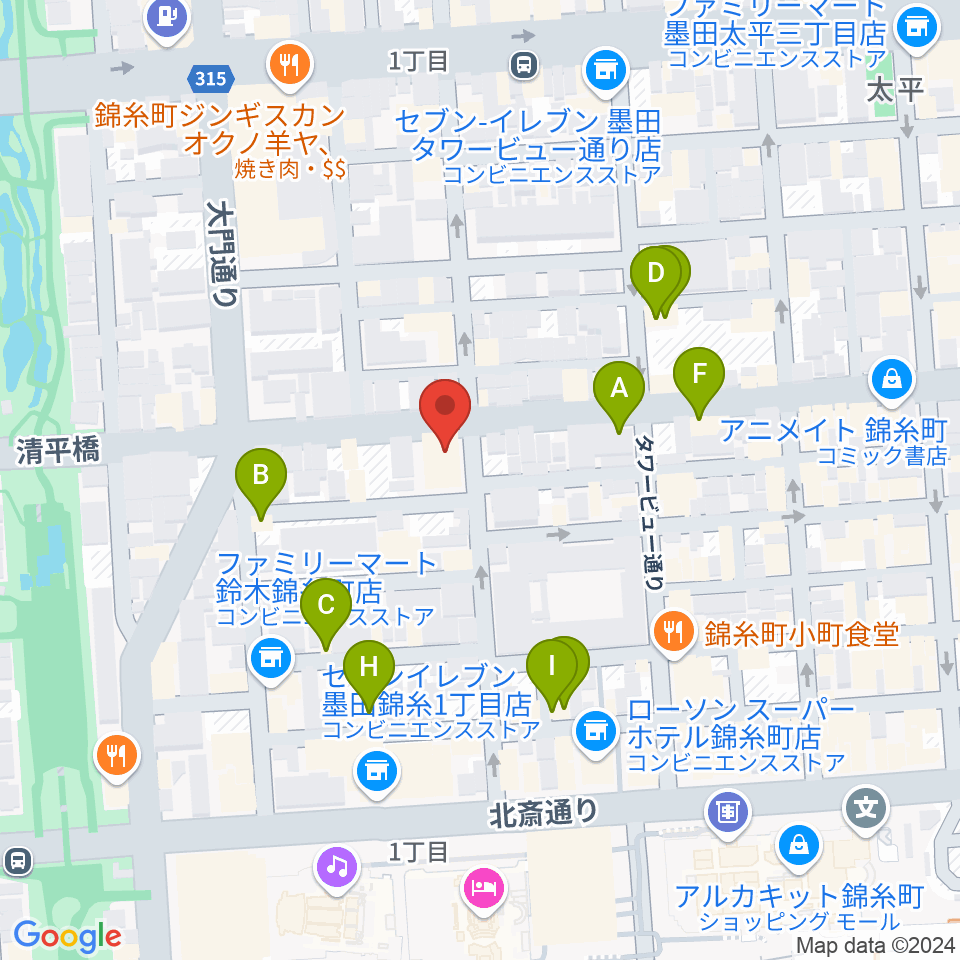 セルフストリングス音楽教室周辺のファミレス・ファーストフード一覧地図