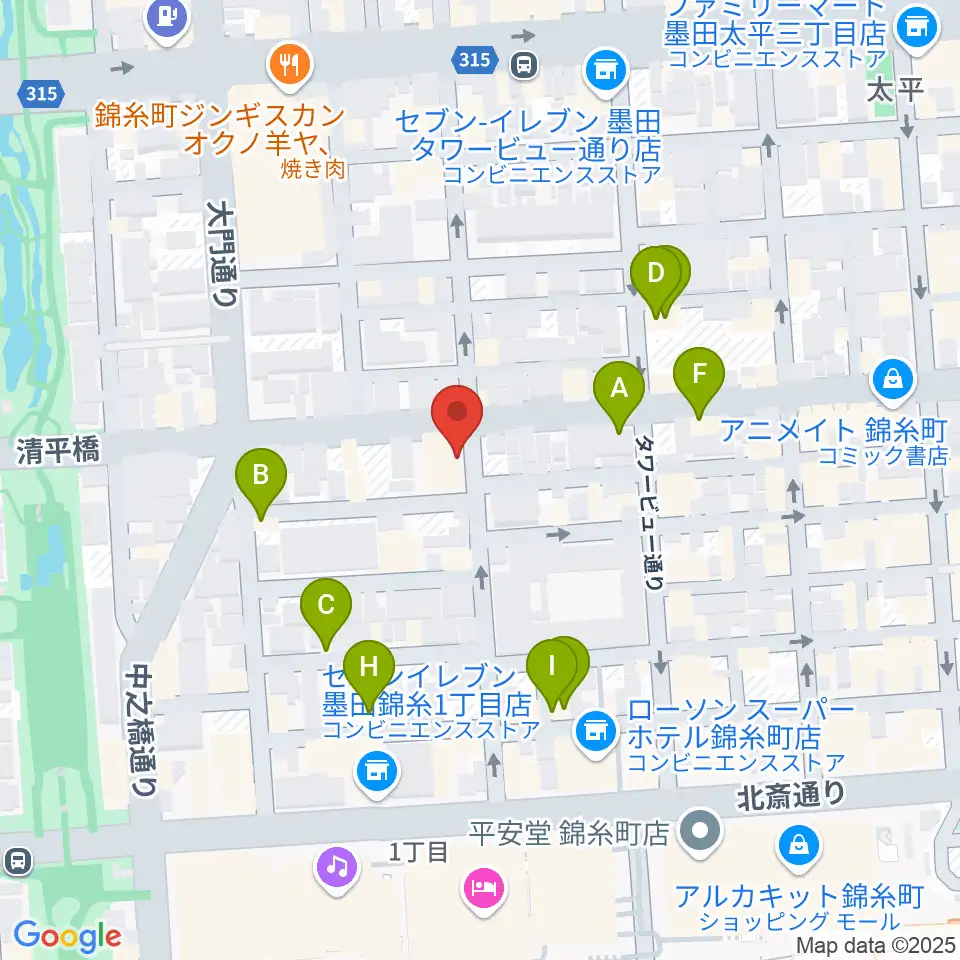 セルフストリングス音楽教室周辺のファミレス・ファーストフード一覧地図