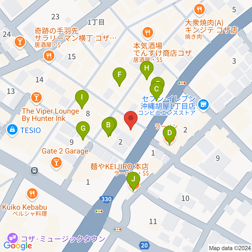 セブンスヘブンコザ周辺のファミレス・ファーストフード一覧地図