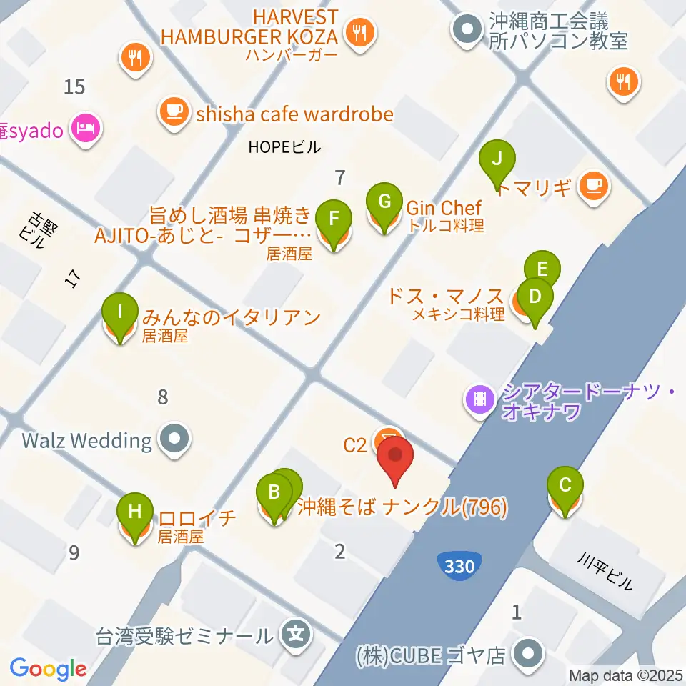 セブンスヘブンコザ周辺のファミレス・ファーストフード一覧地図
