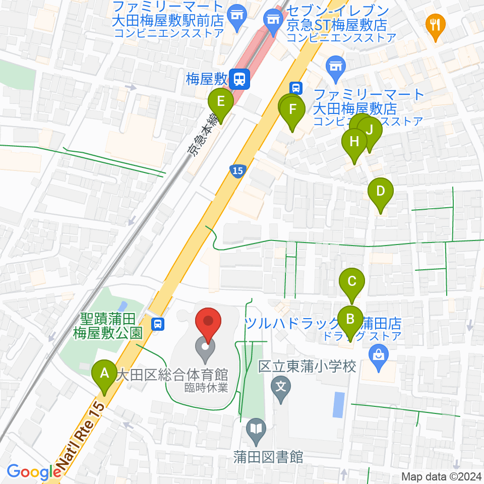 大田区総合体育館周辺のファミレス・ファーストフード一覧地図