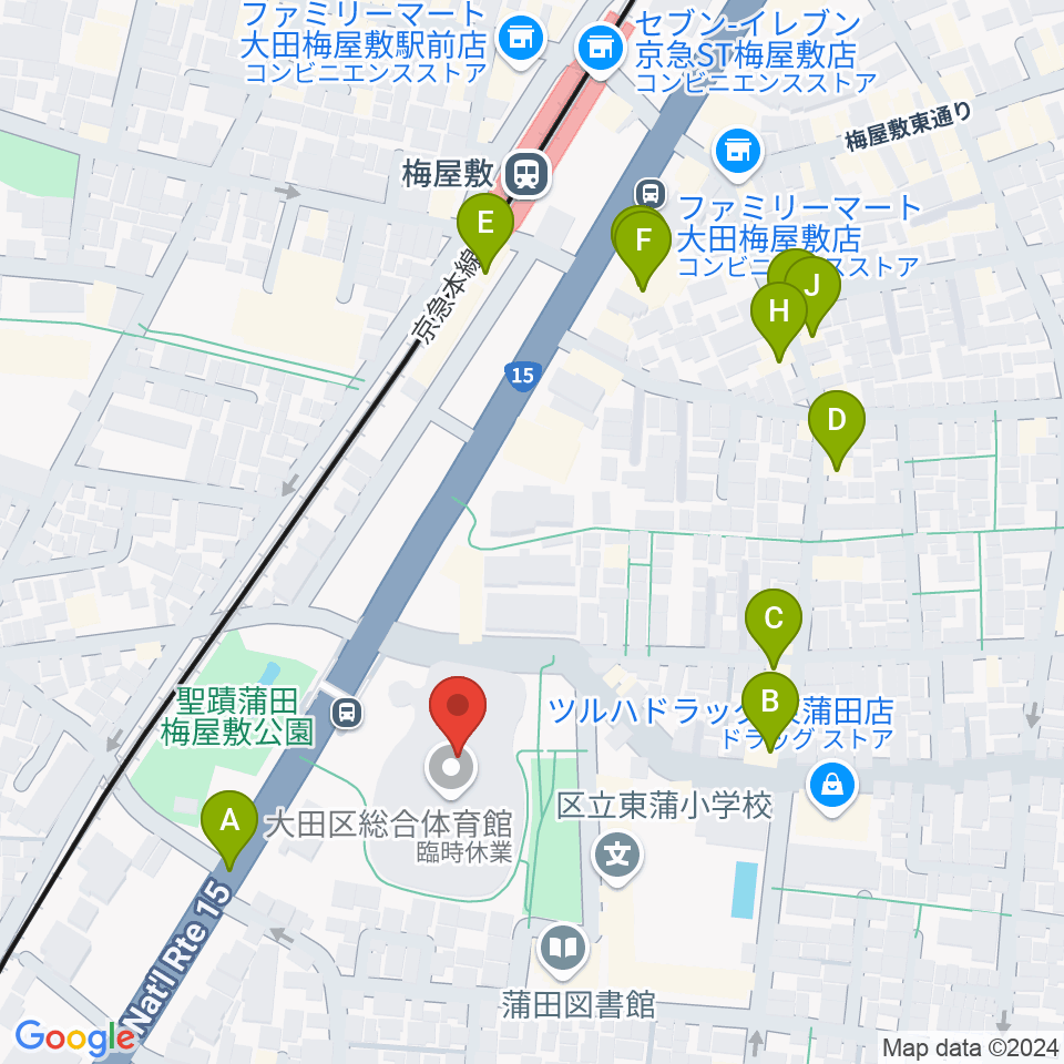 大田区総合体育館周辺のファミレス・ファーストフード一覧地図