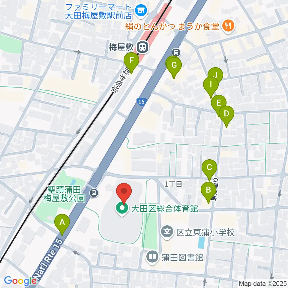 大田区総合体育館周辺のファミレス・ファーストフード一覧地図