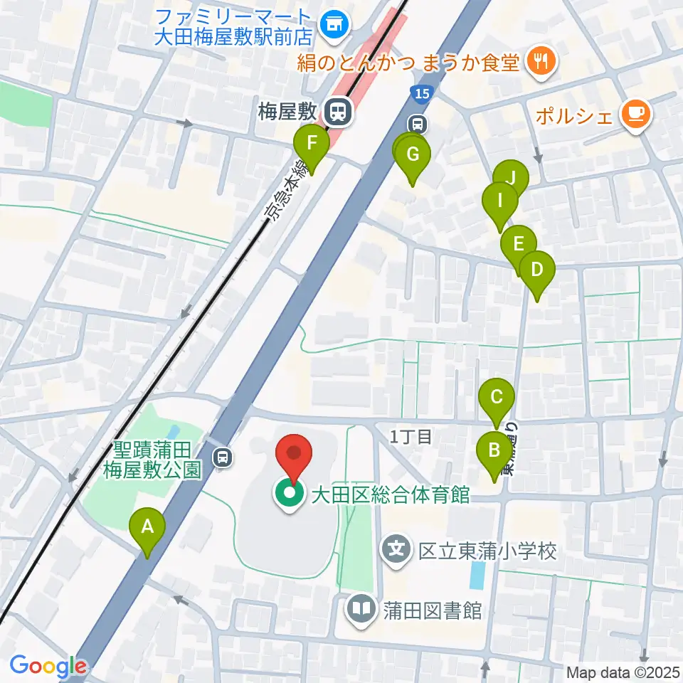 大田区総合体育館周辺のファミレス・ファーストフード一覧地図