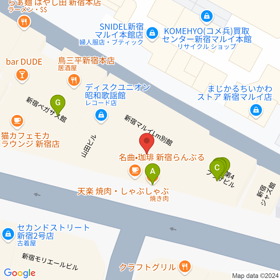 新宿アイミュージックバー周辺のファミレス・ファーストフード一覧地図