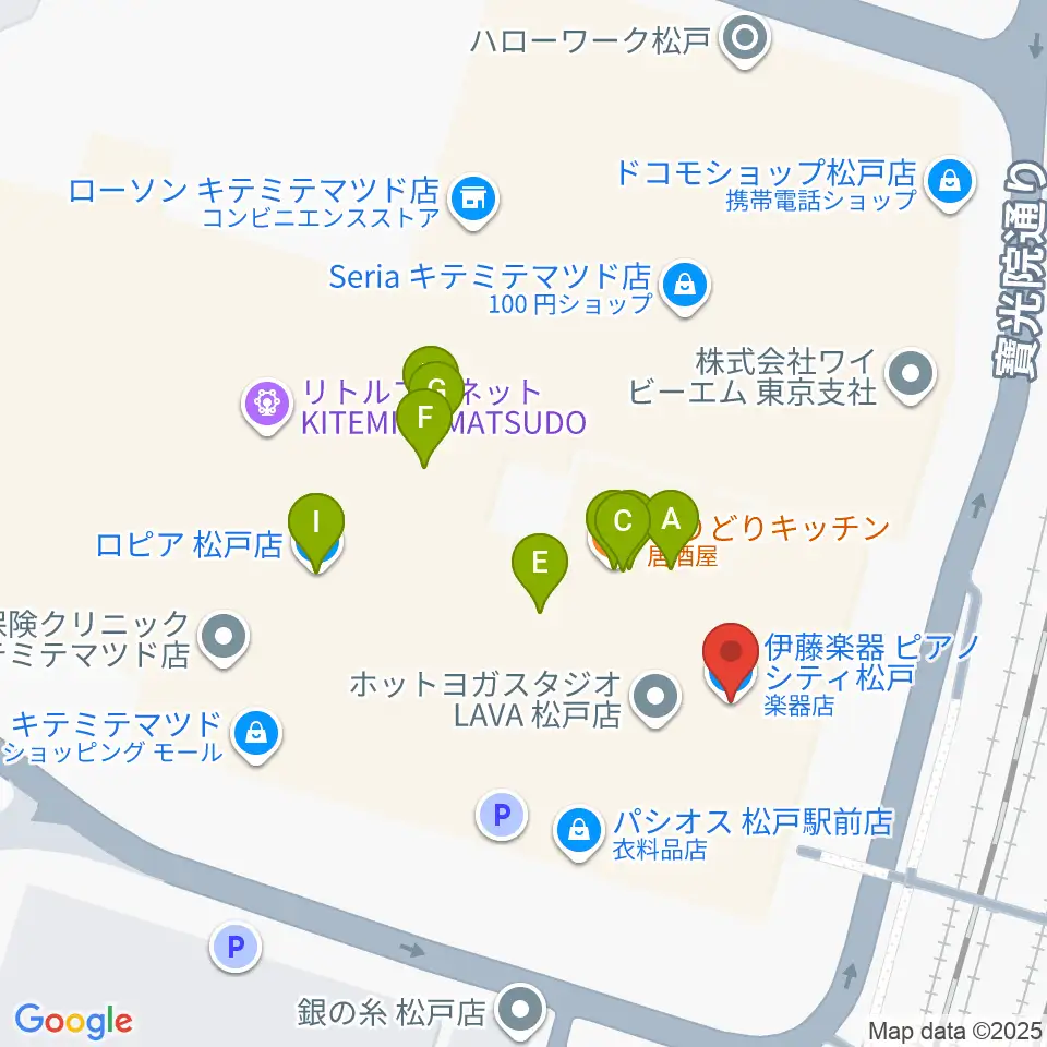 伊藤楽器ピアノシティ松戸周辺のファミレス・ファーストフード一覧地図