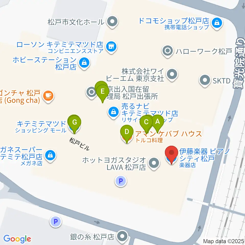 伊藤楽器ピアノシティ松戸周辺のファミレス・ファーストフード一覧地図