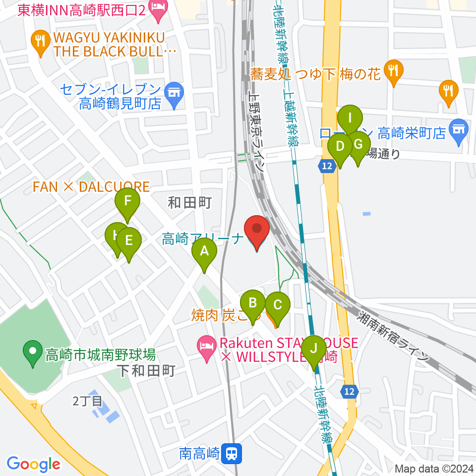 高崎アリーナ周辺のファミレス・ファーストフード一覧地図