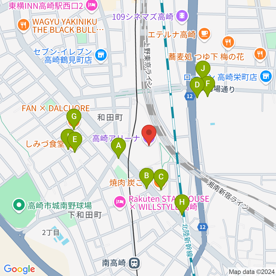 高崎アリーナ周辺のファミレス・ファーストフード一覧地図