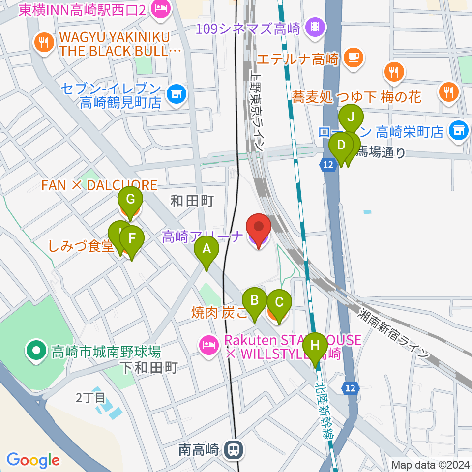 高崎アリーナ周辺のファミレス・ファーストフード一覧地図