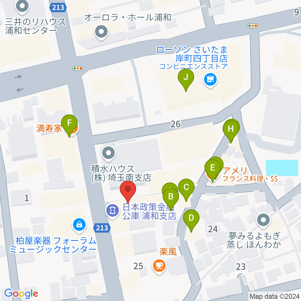 浦和Cafe Tone周辺のファミレス・ファーストフード一覧地図