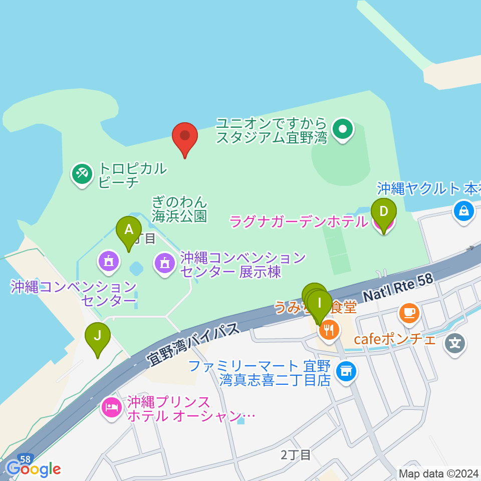 ぎのわん海浜公園屋外劇場周辺のファミレス・ファーストフード一覧地図