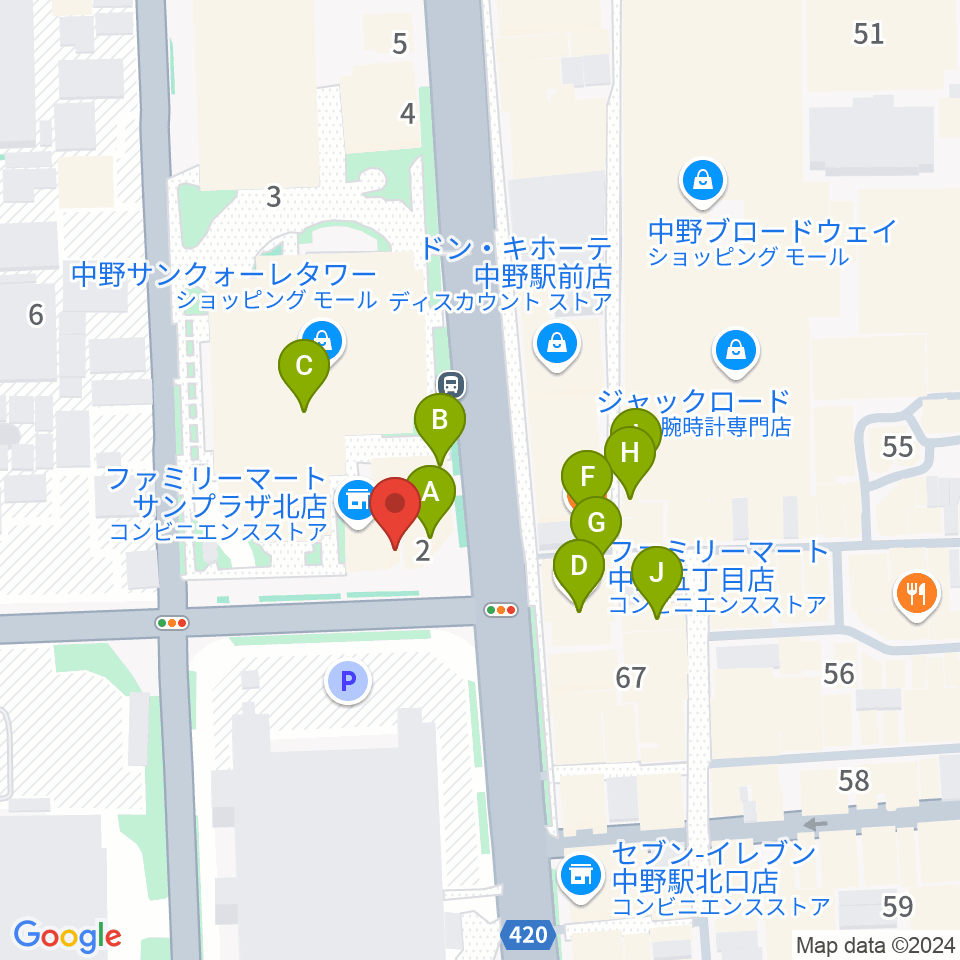 ディスクユニオン中野店周辺のファミレス・ファーストフード一覧地図