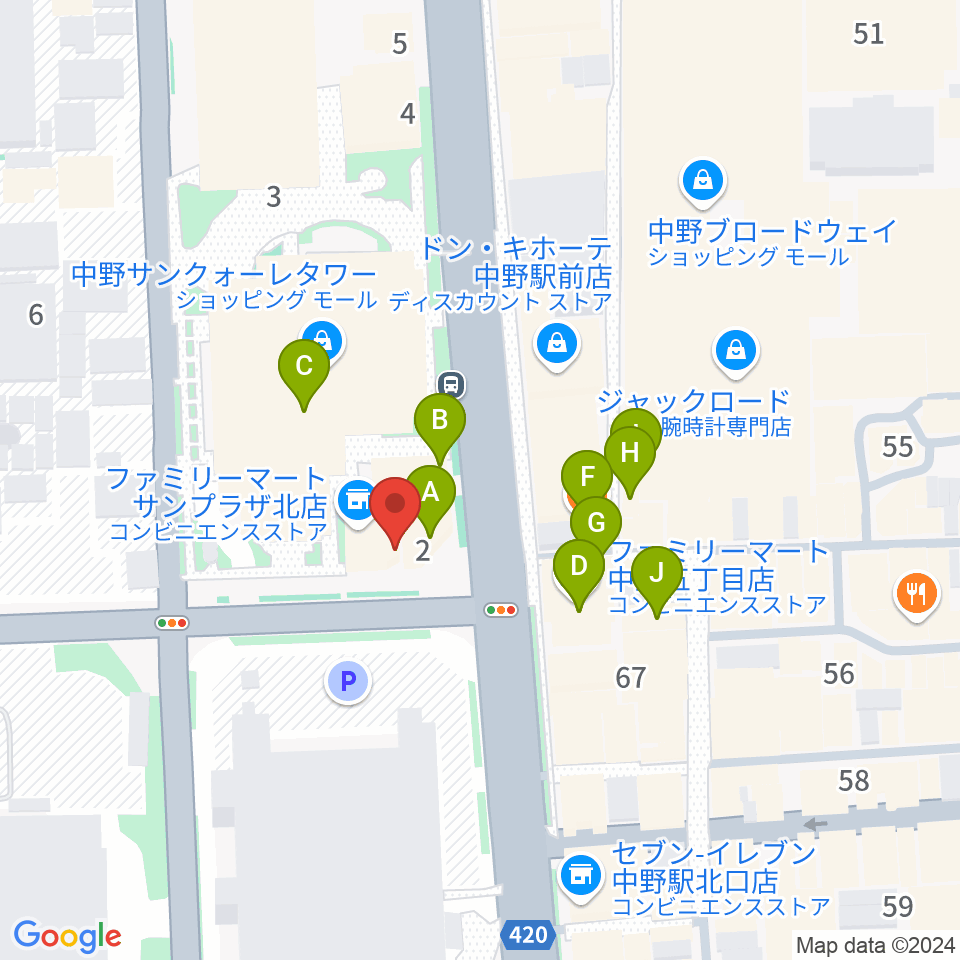 ディスクユニオン中野店周辺のファミレス・ファーストフード一覧地図