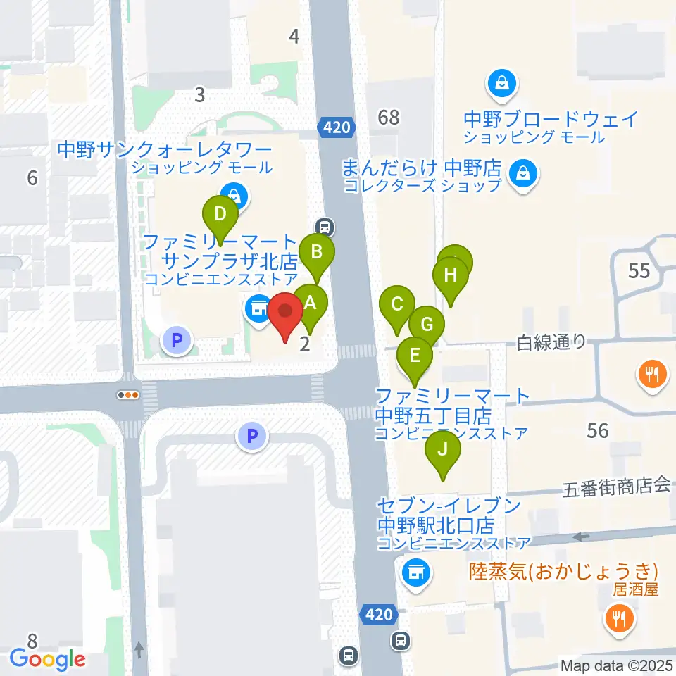 ディスクユニオン中野店周辺のファミレス・ファーストフード一覧地図