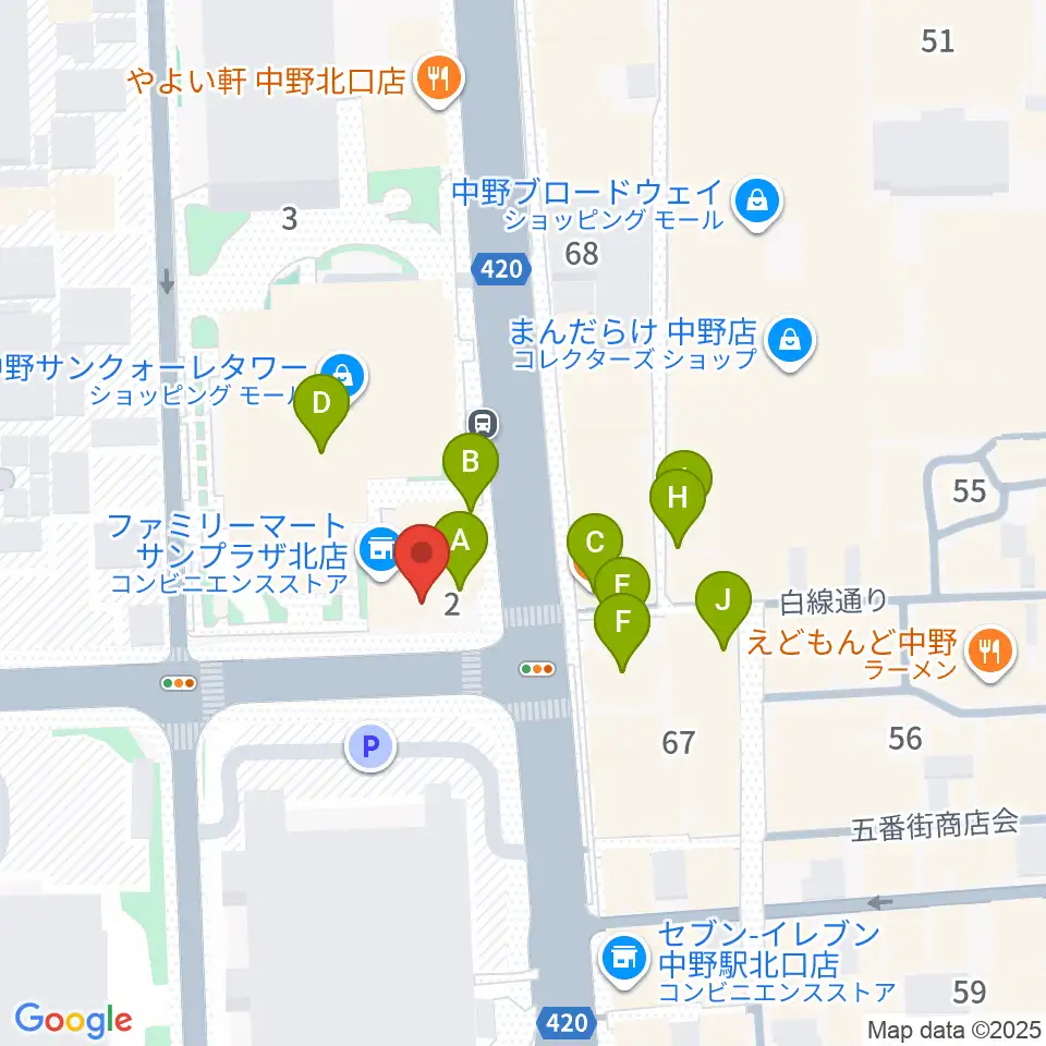 ディスクユニオン中野店周辺のファミレス・ファーストフード一覧地図
